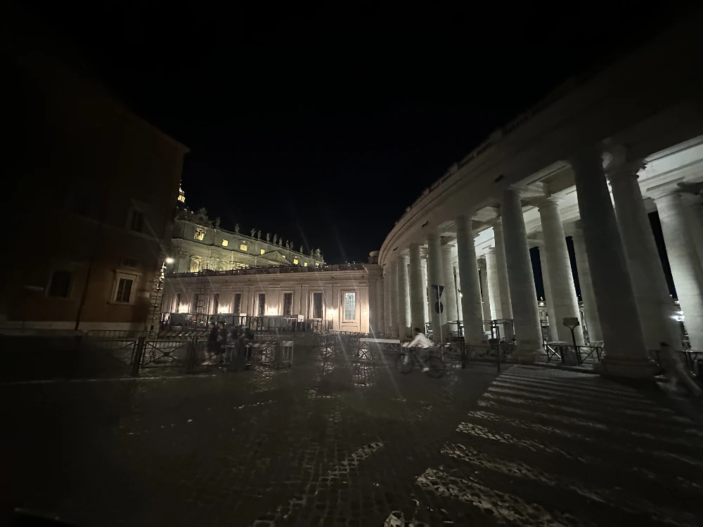 Outside Piazza San Pietro at night